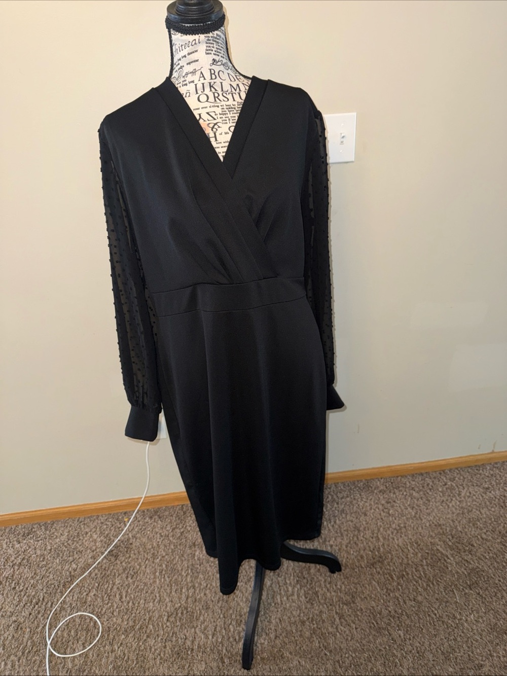 Grace Karin Black V-Neck Midi Dress with Sheer Dot Sleeves